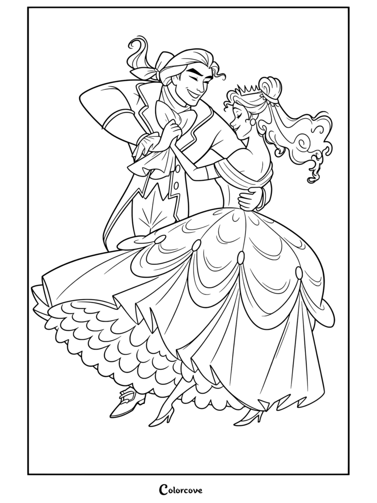 Coloriage de La Belle et la Bête montrant le Prince Adam et Belle dansant en robe de bal jaune et habit bleu