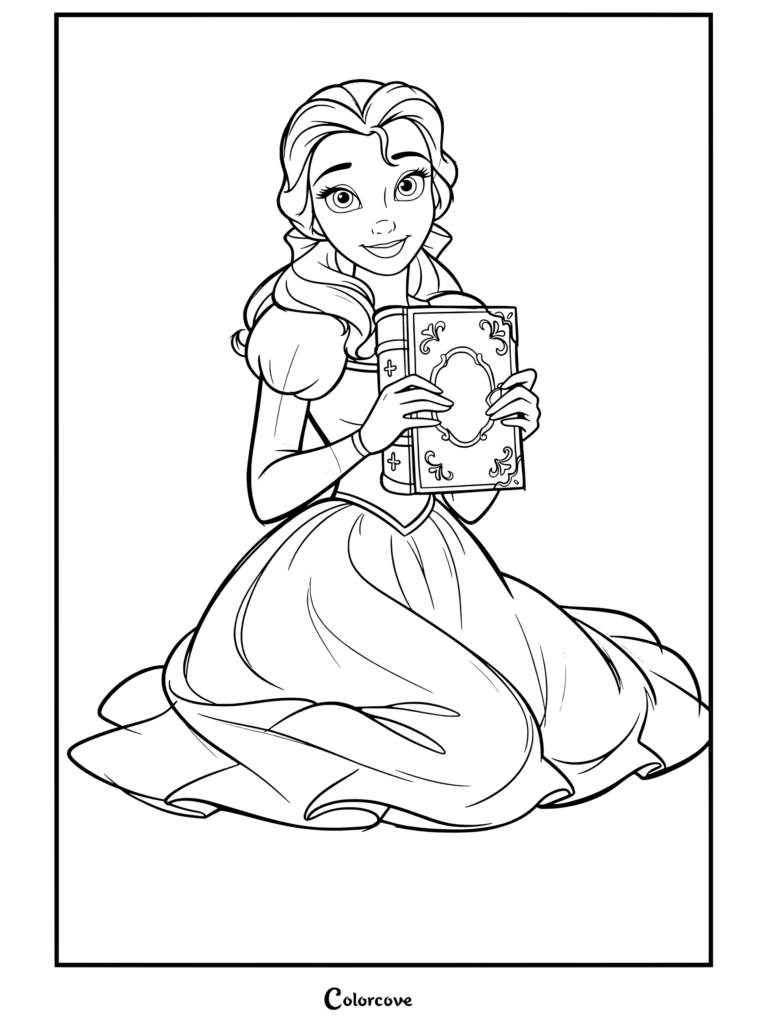 Coloriage de Belle tenant un livre richement décoré dans La Belle et la Bête