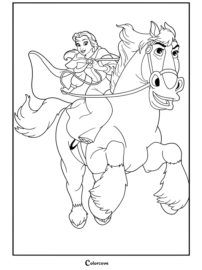 Coloriage aux traits nets montrant Belle de La Belle et la Bête de Disney chevauchant Philibert, le cheval de sa famille.