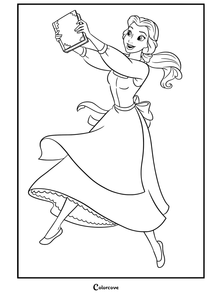 Coloriage de La Belle et la Bête montrant Belle brandissant joyeusement un livre dans les airs, la robe au vent.