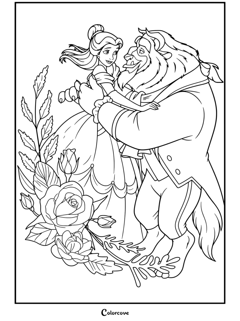 Un coloriage à imprimer de Belle et La Bête dansant ensemble près d'un bouquet de roses, inspiré de La Belle et la Bête.
