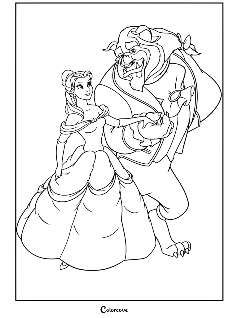 Coloriage de Belle et La Bête représentant les personnages dans une pose de danse de bal inspirée de La Belle et la Bête.