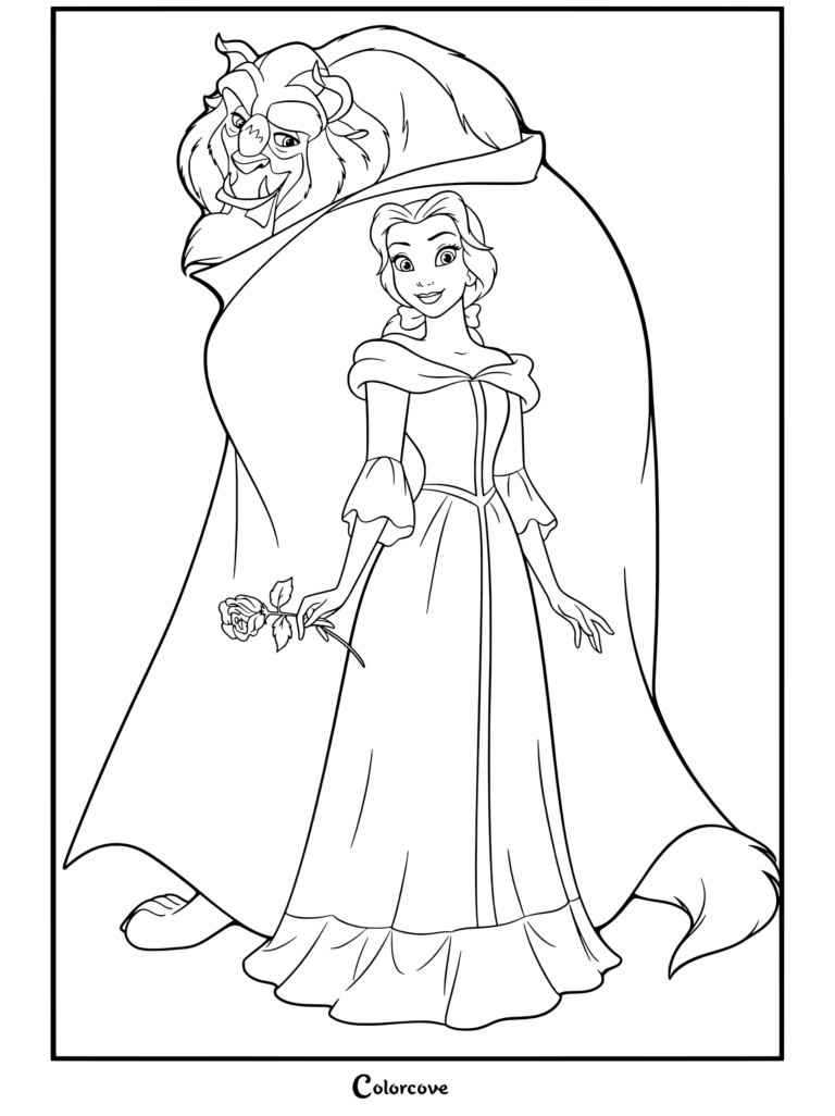 Coloriage de Belle et La Bête où Belle tient une rose tandis que La Bête se tient derrière elle.