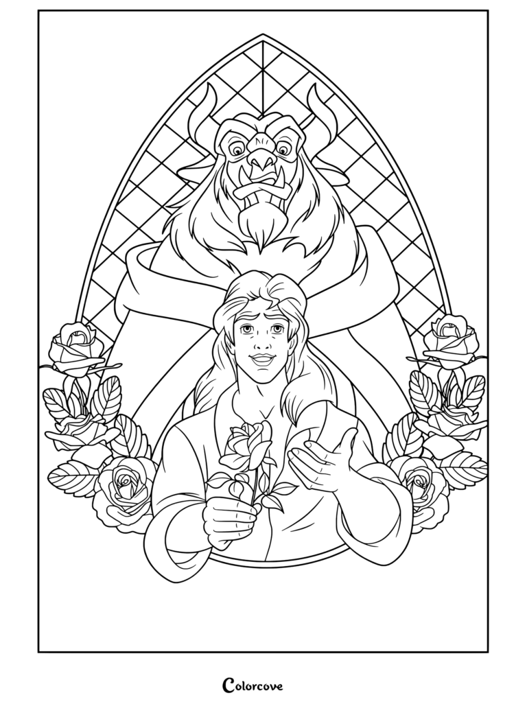 Un coloriage détaillé illustrant Belle et La Bête de La Belle et la Bête, mettant en scène La Bête sous forme humaine tenant une rose avec La Bête en arrière-plan.