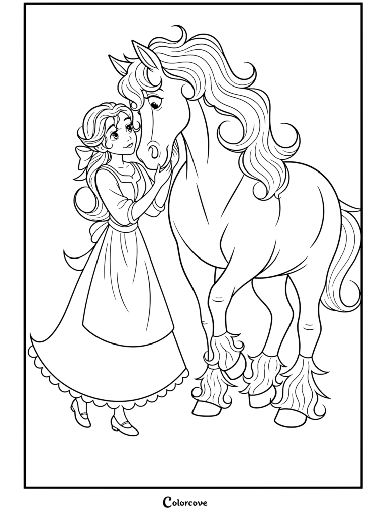 Coloriage pour les fans de La Belle et la Bête montrant Belle dans sa robe de village bleue et blanche, caressant affectueusement le cheval Philibert