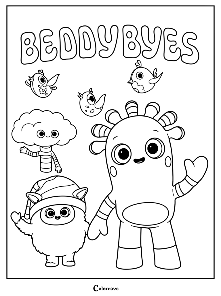 Un coloriage Beddybyes mettant en vedette MeMo, BaBa, Tutu et trois Tweeties volant au-dessus, avec le logo Beddybyes en haut.