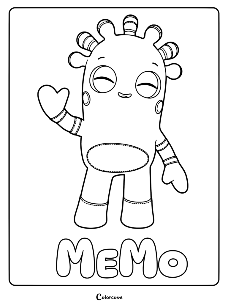 MeMo de Beddybyes faisant coucou dans ce coloriage de dessin au trait simple avec son nom écrit en dessous.