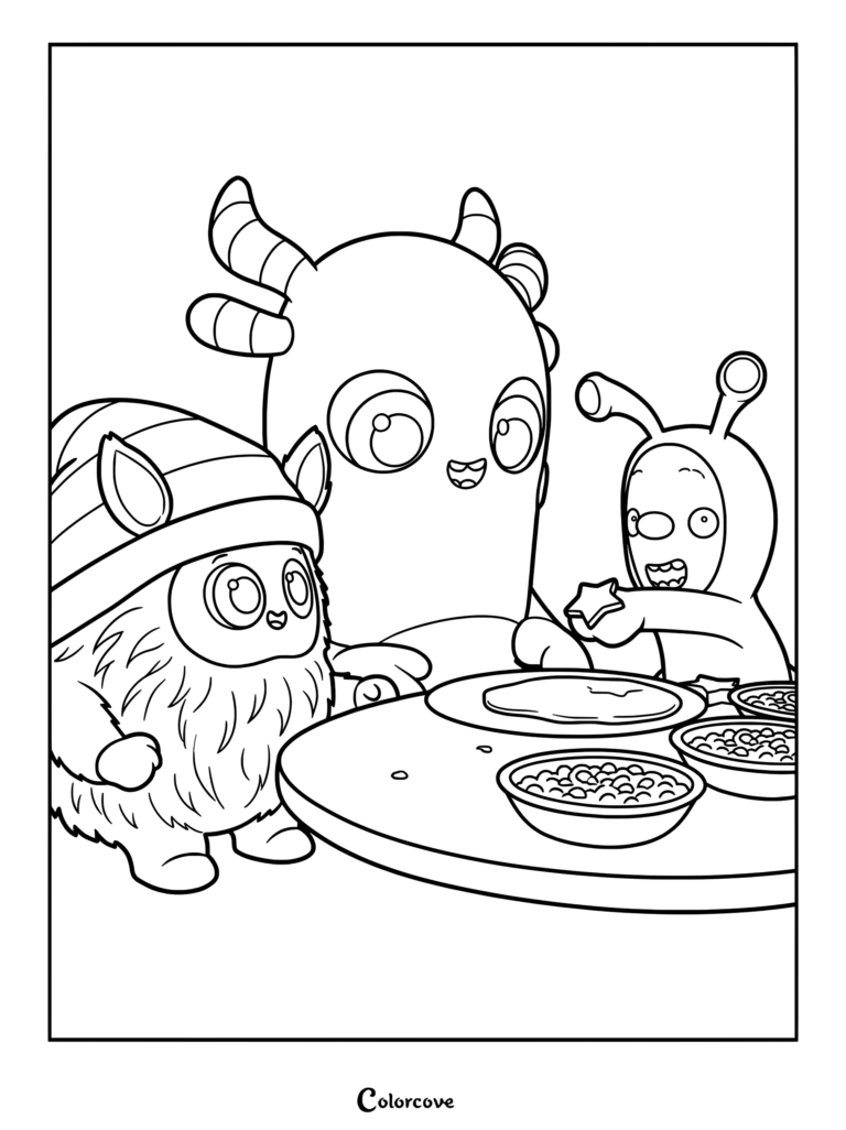 MeMo et BaBa assis à une table en bois à l'extérieur avec une créature Yummy ronde et rouge pour partager et manger des tourtes dans ce coloriage Beddybyes.