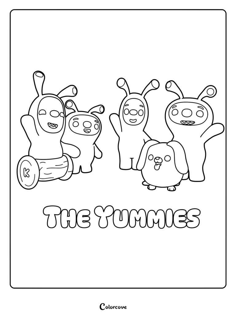 Un coloriage à imprimer mettant en vedette Les Yummies de Beddybyes, comprenant trois amis dotés d'antennes et une petite créature semblable à un chiot qui fait coucou.