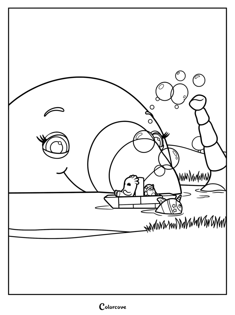 Un coloriage à imprimer représentant l'Élébale, MeMo, BaBa, Fungi et Pungi voyageant à travers le Lac de la Berceuse dans leur Bateau GoGo.