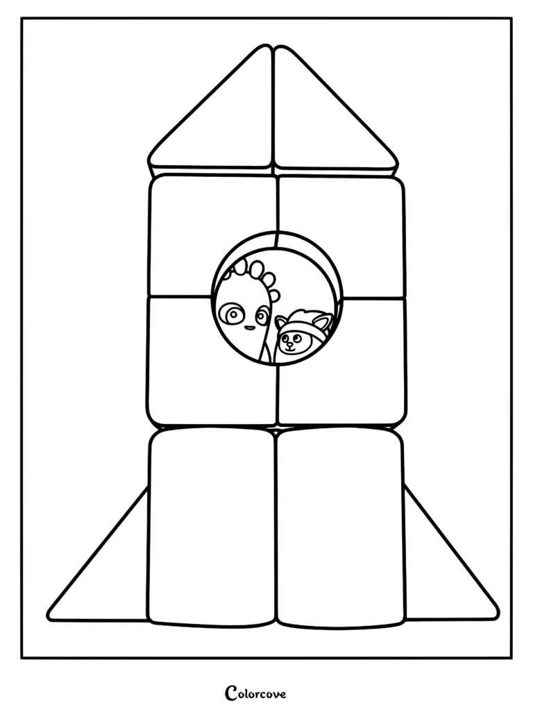 MeMo et BaBa regardant par la fenêtre de la Fusée Go-Go construite en blocs dans ce coloriage Beddybyes à imprimer.