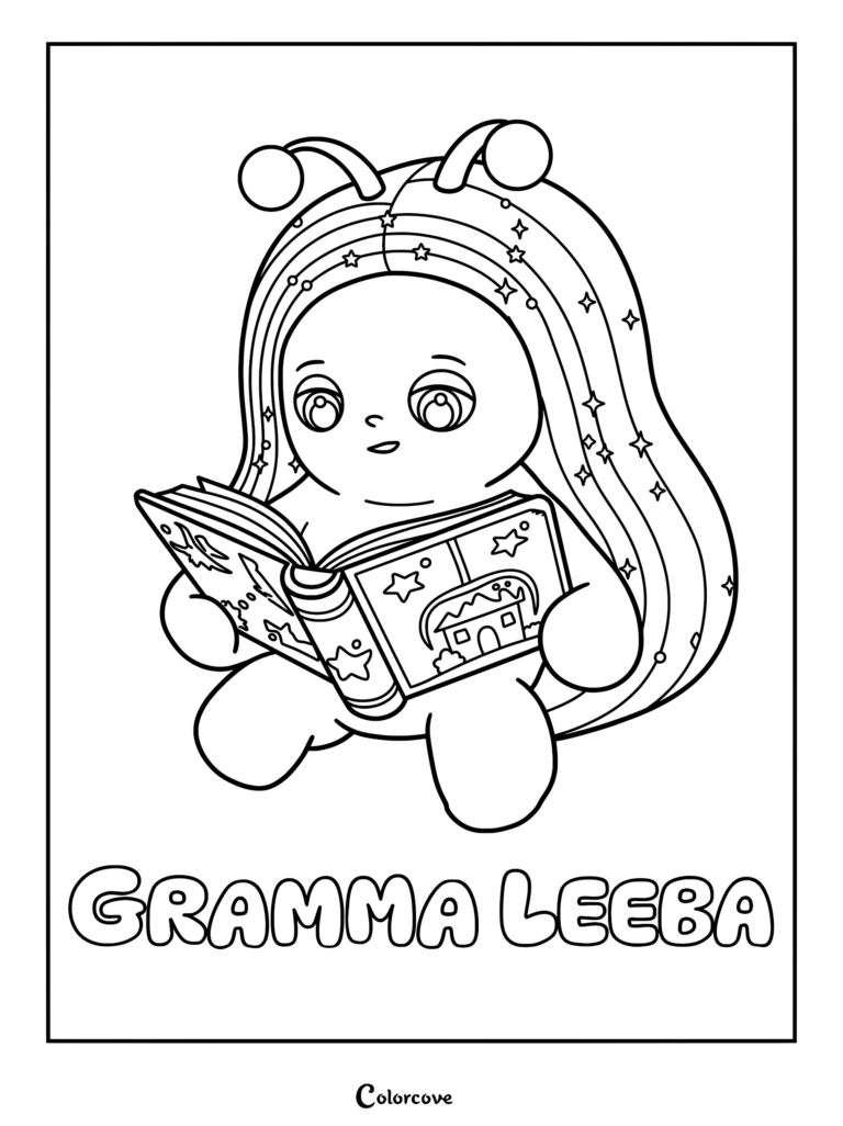 Mamie Leeba de Beddybyes lisant un livre de contes magique dans ce coloriage à imprimer aux motifs d'étoiles.