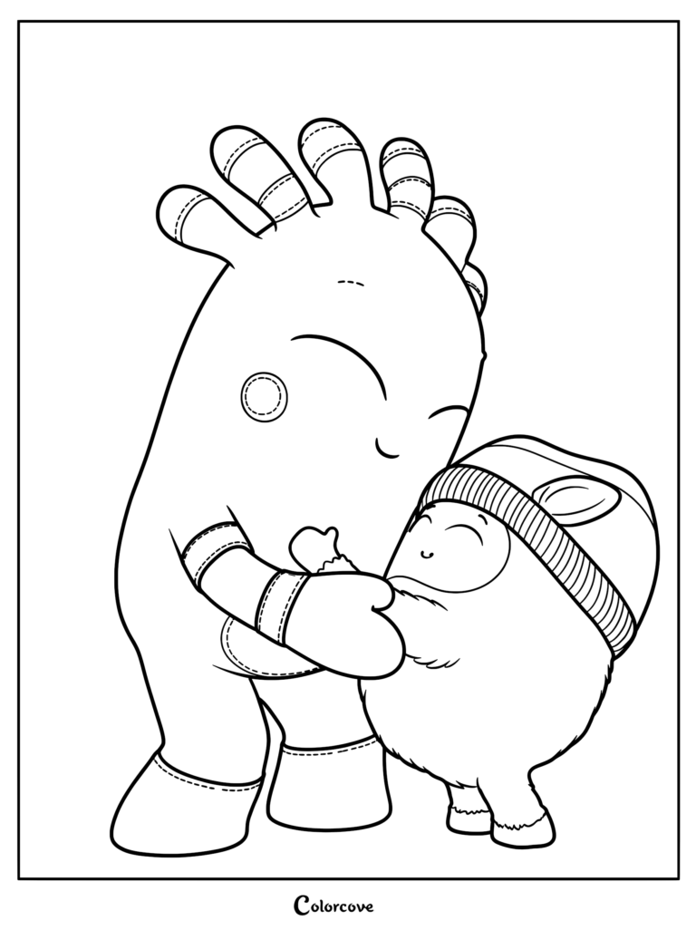 Un coloriage à imprimer représentant MeMo et BaBa partageant un câlin doux et réconfortant sur la Planète Beddybyes.