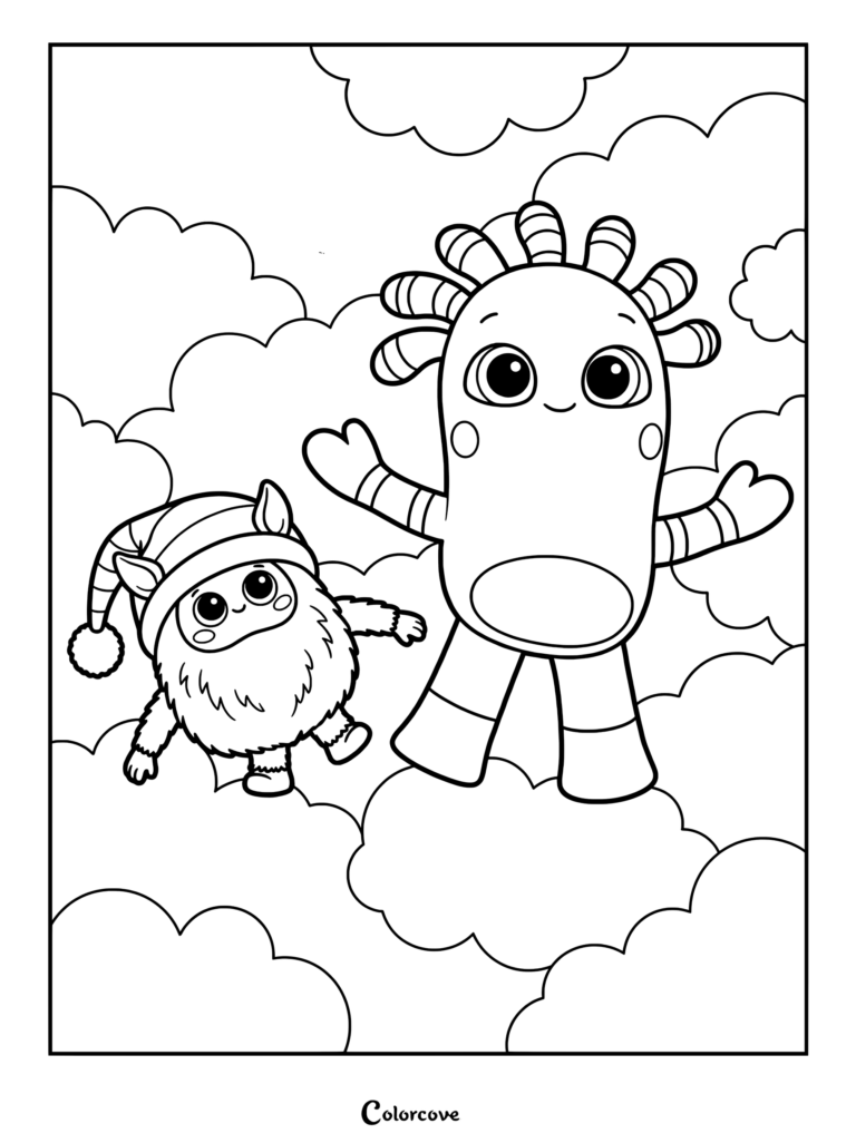 MeMo et BaBa flottant ensemble sur un doux lit de nuages dans ce coloriage Beddybyes à imprimer.