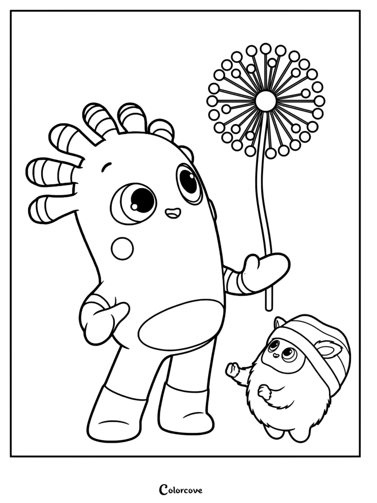 MeMo tenant un grand pissenlit pendant que BaBa regarde dans ce coloriage Beddybyes.