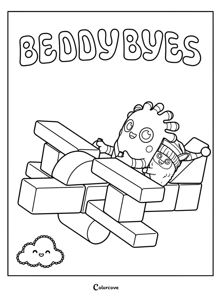 MeMo et BaBa voyageant à travers la Planète Beddybyes dans un véhicule construit en blocs sur ce coloriage à imprimer.