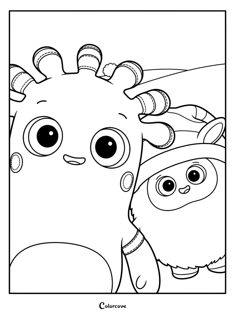 Un coloriage en gros plan de MeMo et BaBa de Beddybyes souriant ensemble sur la Planète Beddybyes.