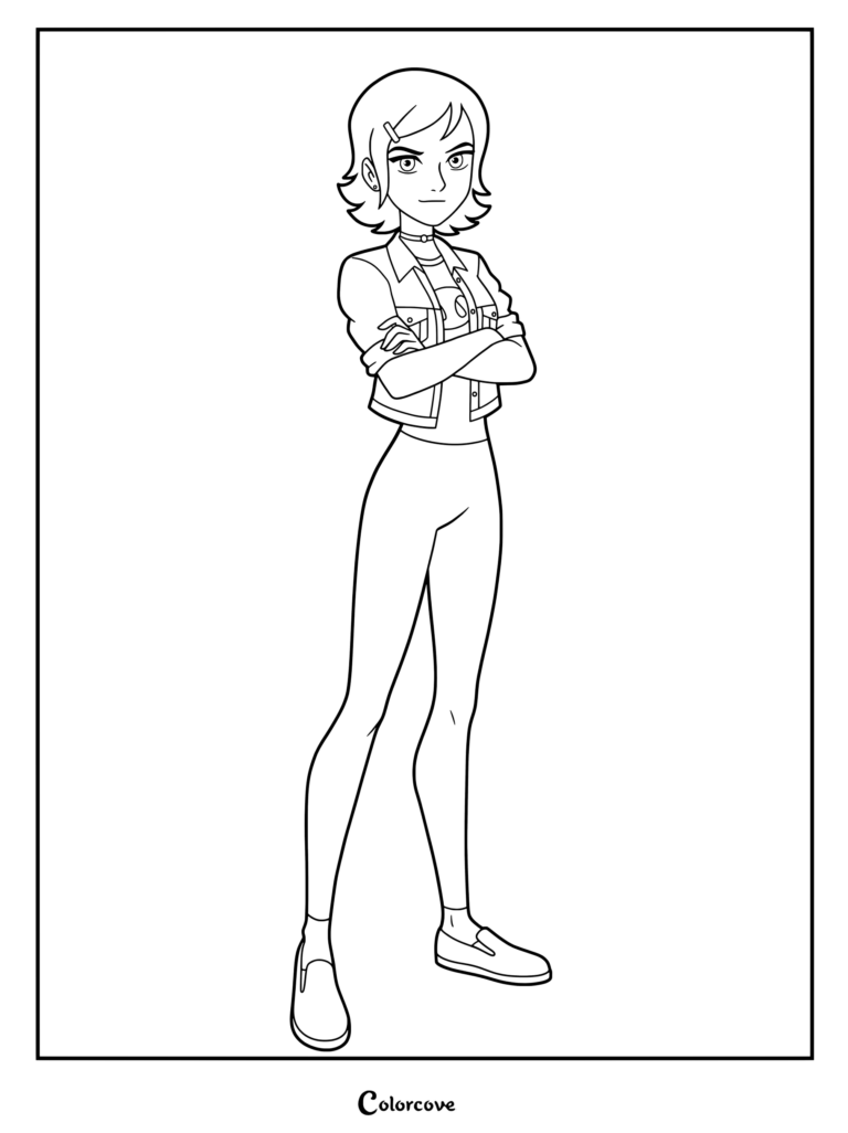 Dibujo para colorear de Gwen Tennyson adulta de la serie original, mostrando al personaje de Ben 10 de pie con los brazos cruzados y sus características chaqueta y pantalones.