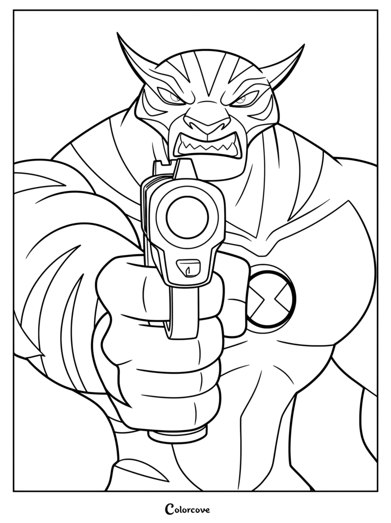 Dibujo para colorear de Ben 10 con Rath sosteniendo una pistola.