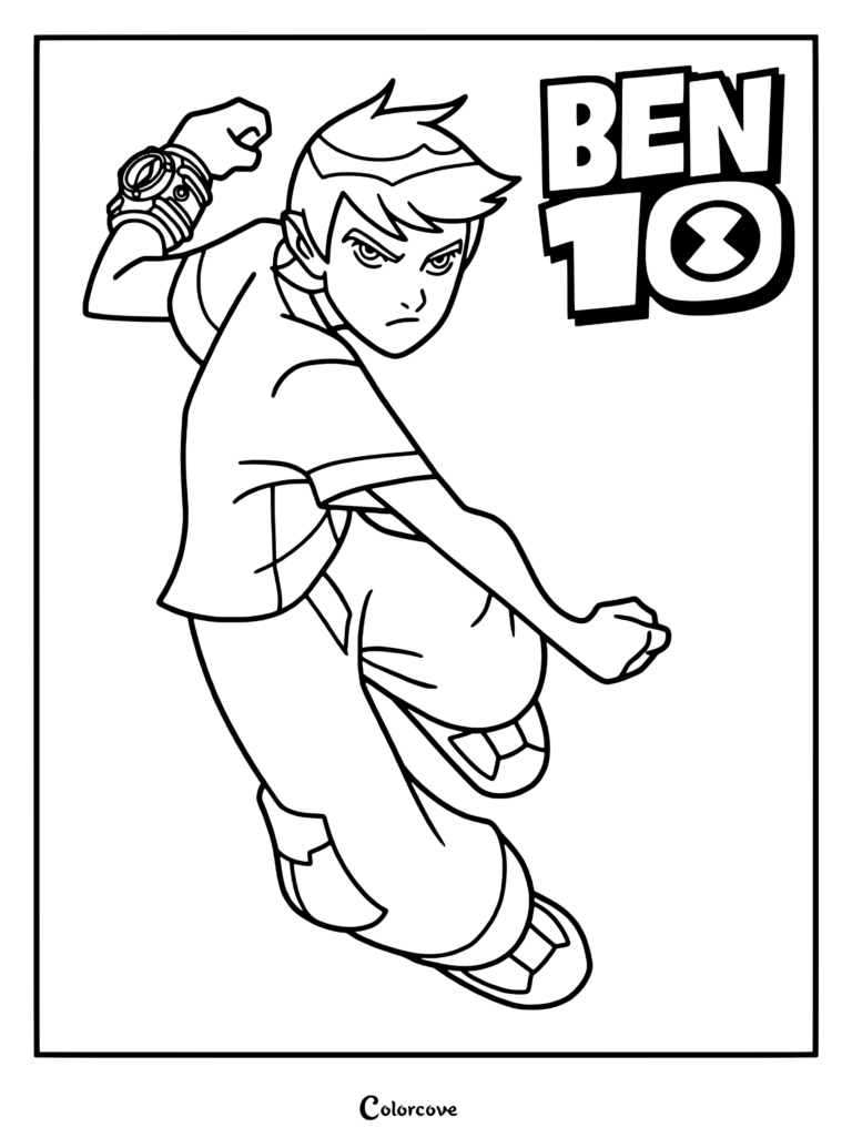 Ben Tennyson, el protagonista de la serie animada original de Cartoon Network Ben 10, saltando con su Omnitrix en un dibujo para colorear.