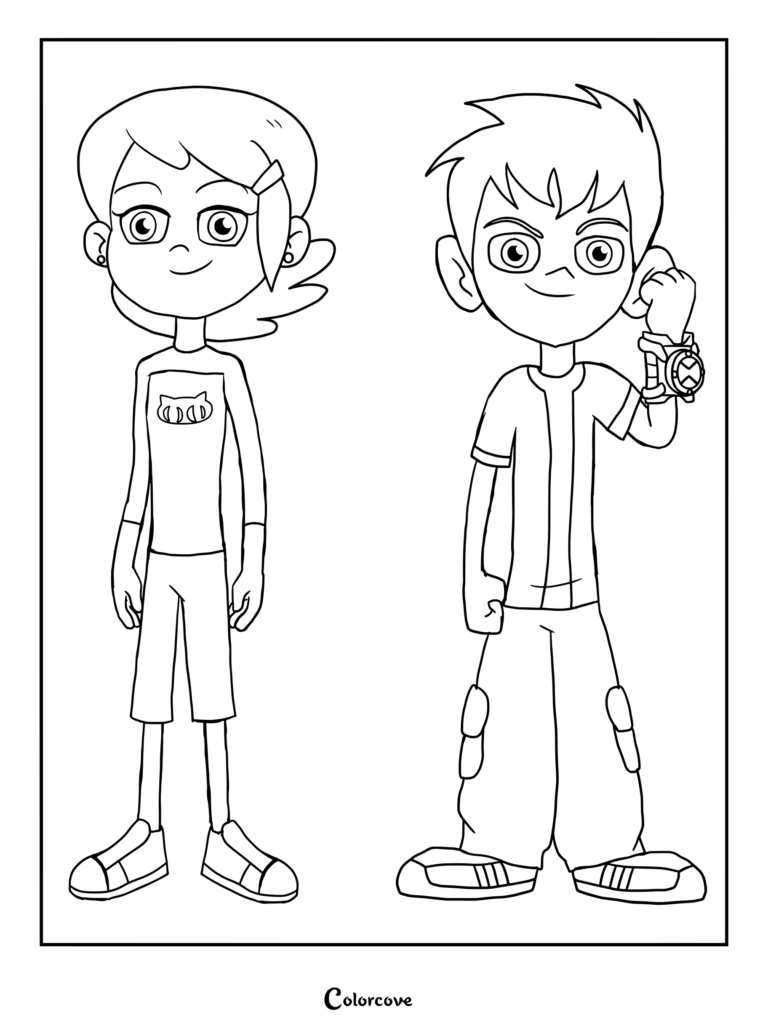 Dibujo para colorear de Ben 10 con un fan art de Ben Tennyson y Gwen Tennyson de la serie reboot vestidos con sus trajes clásicos de la serie original de 2005.