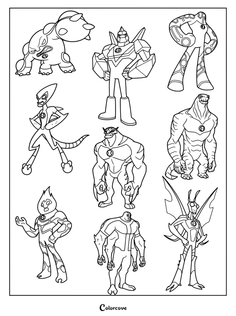 Dibujo para colorear de Ben 10 con nueve personajes alienígenas: Cannonbolt, Diamante, Ultra T, XLR8, Rath, Bestia, Fuego, Cuatrobrazos e Insectoide.
