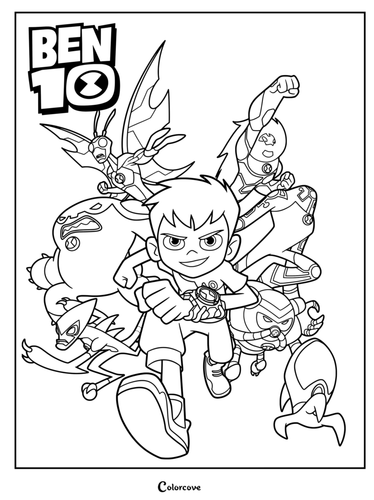 Dibujo para colorear gratuito de Ben 10 con un póster grupal oficial de Ben Tennyson y varias de sus formas alienígenas de la serie animada.