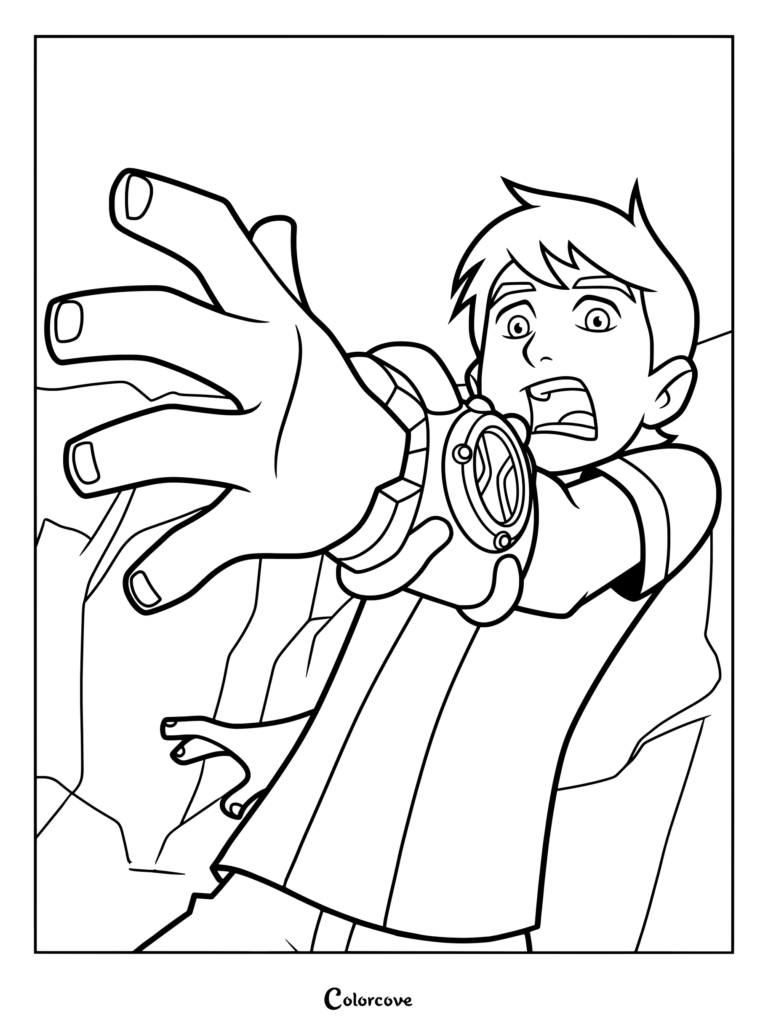 Dibujo para colorear de Ben 10 obteniendo el Omnitrix, mostrando al niño con ojos desorbitados y boca abierta mientras el reloj alienígena se ajusta a su muñeca en una pose dramática.