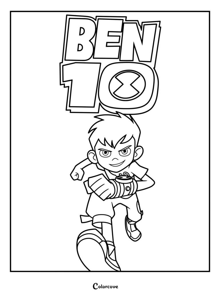Ben Tennyson de la serie animada Ben 10 (específicamente con el estilo del reboot de 2016) corriendo hacia adelante en un dibujo para colorear.