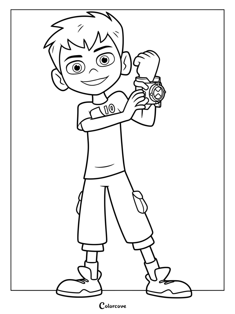 Dibujo para colorear e imprimir de Ben 10 con Ben Tennyson de la serie animada de 2016 ajustándose el Omnitrix en la muñeca.