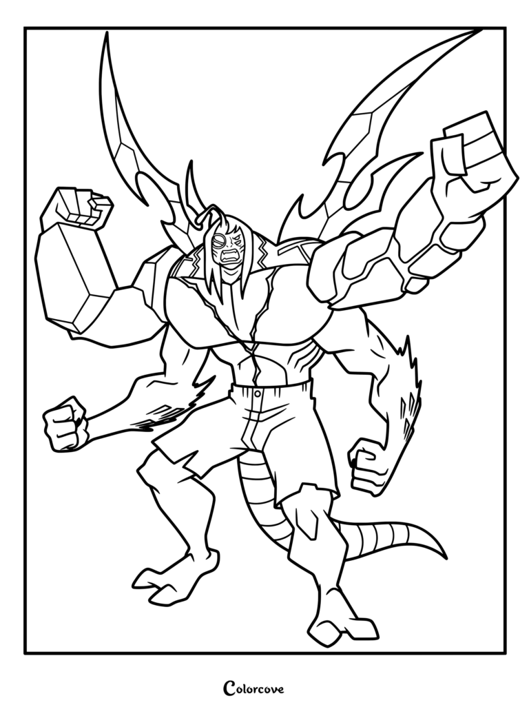 Dibujo para colorear de Ben 10 con Kevin Levin en su forma mutante de Kevin 11, combinando rasgos de Diamante, Fuego, Acuático e Insectoide.