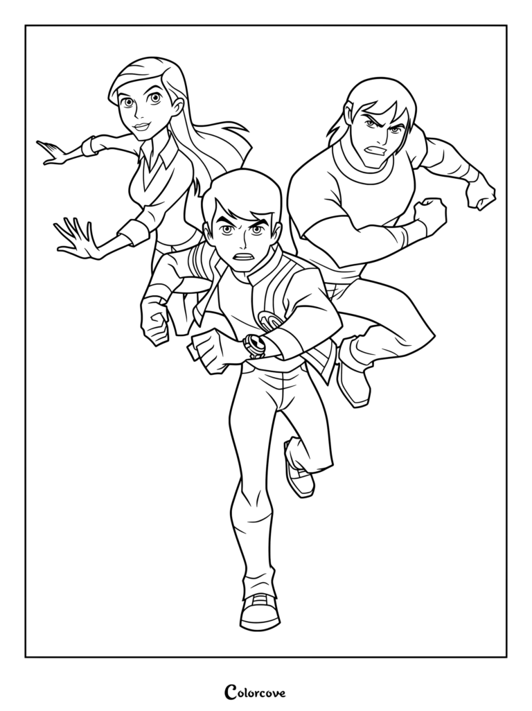 Dibujo para colorear de Ben 10: Fuerza Alienígena con Ben Tennyson, Gwen Tennyson y Kevin Levin corriendo hacia adelante en una pose de acción dinámica.