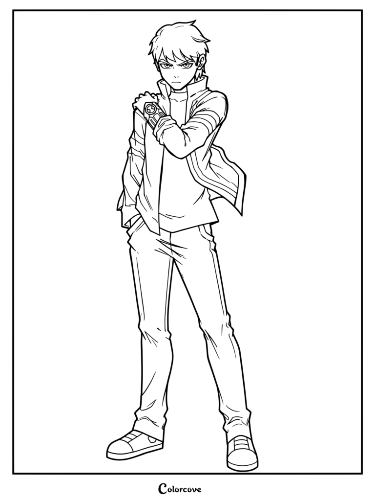 Dibujo para colorear estilo anime de Ben Tennyson adolescente, fan art de Ben 10.
