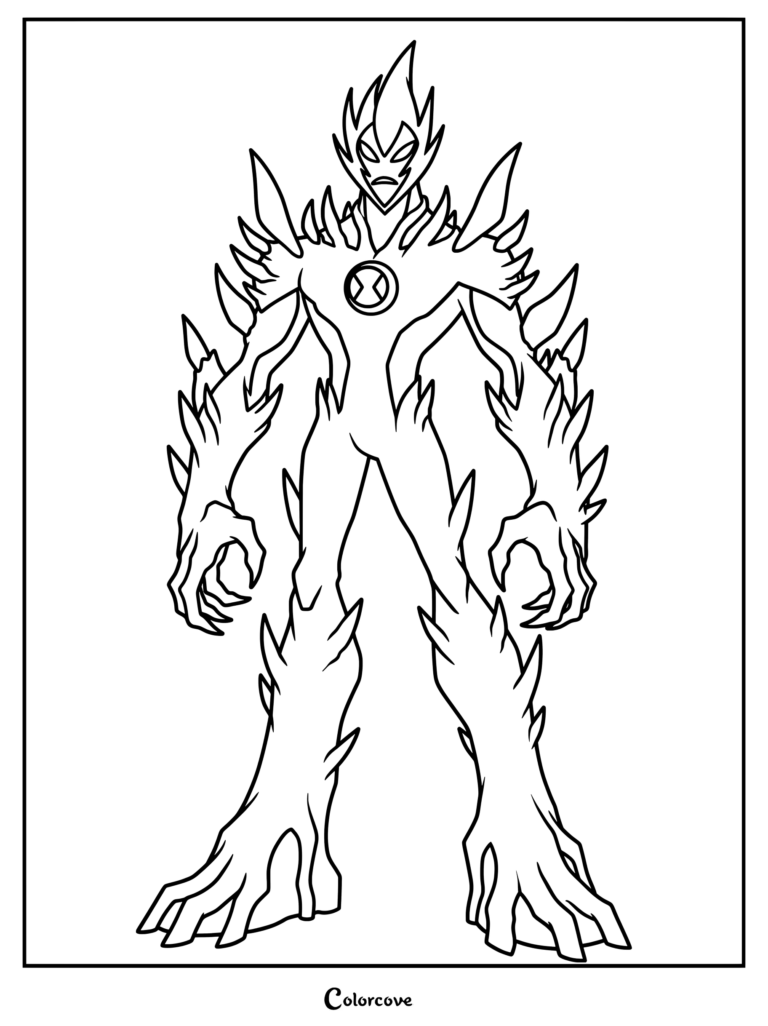 Fuego Pantanoso, una transformación alienígena de la serie Ben 10: Fuerza Alienígena, en un dibujo para colorear.
