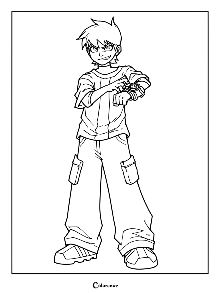 Dibujo para colorear de Ben Tennyson interactuando con su reloj Omnitrix, de Ben 10.