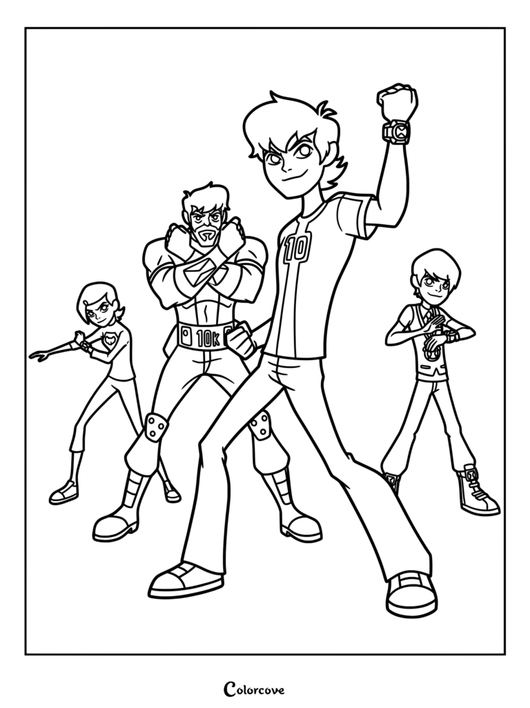 Dibujo para colorear de Ben 10 que muestra a Ben Tennyson clásico junto a versiones de líneas temporales alternativas de sí mismo y Gwen del episodio And Then There Was Ben.