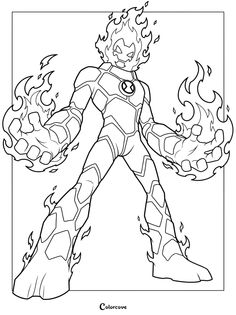 Dibujo para colorear de Fuego con el alienígena ígneo sosteniendo llamas en ambas manos.