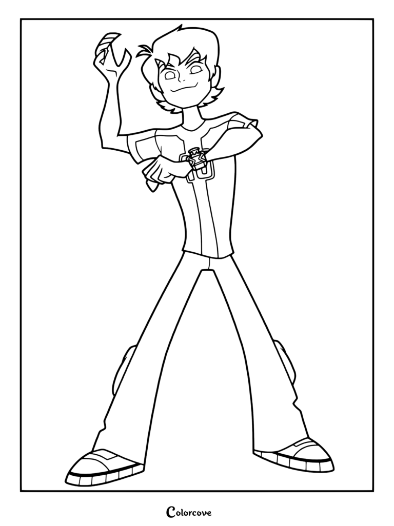 Dibujo para colorear de Ben 10: Omniverse con Ben Tennyson activando su reloj Omnitrix.