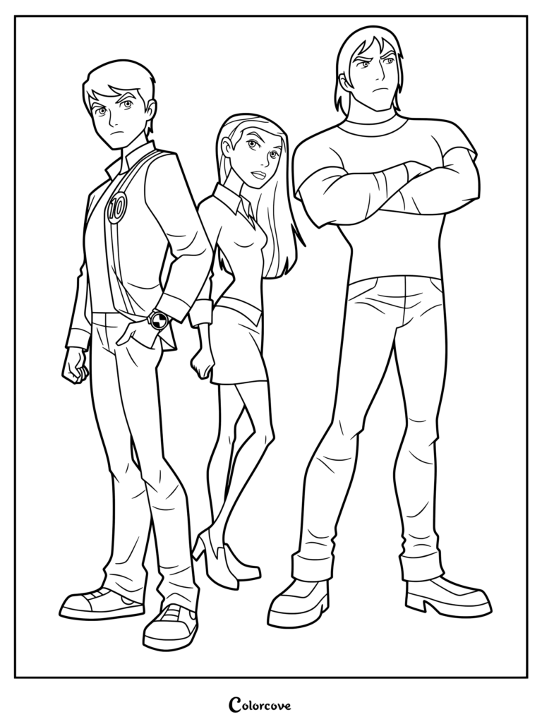 Dibujo para colorear de Ben 10: Fuerza Alienígena con Ben Tennyson, Gwen Tennyson y Kevin Levin juntos.