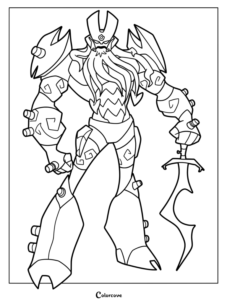 Dibujo para colorear de Ben 10 con una ilustración fan art de Vilgax con detalles de tentáculos y una espada roja brillante.