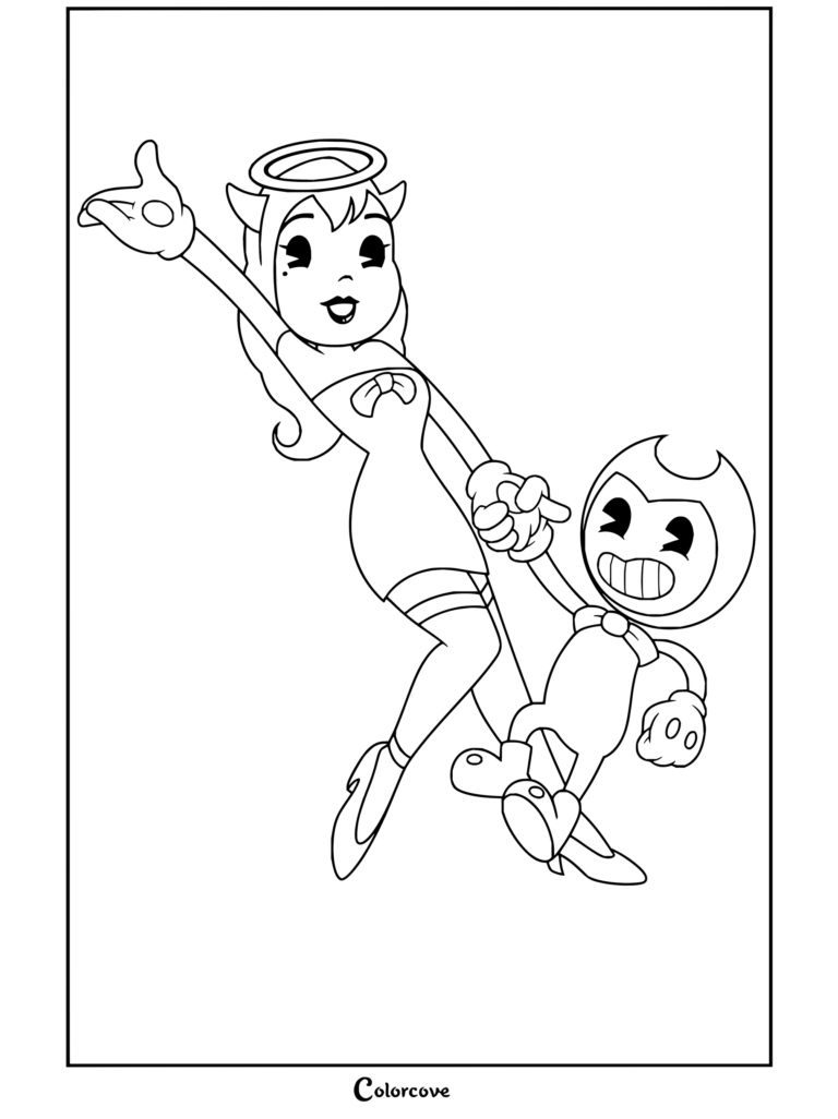 Alice Angel y Bendy bailando alegremente de la mano en este dibujo para colorear de Bendy and the Ink Machine.
