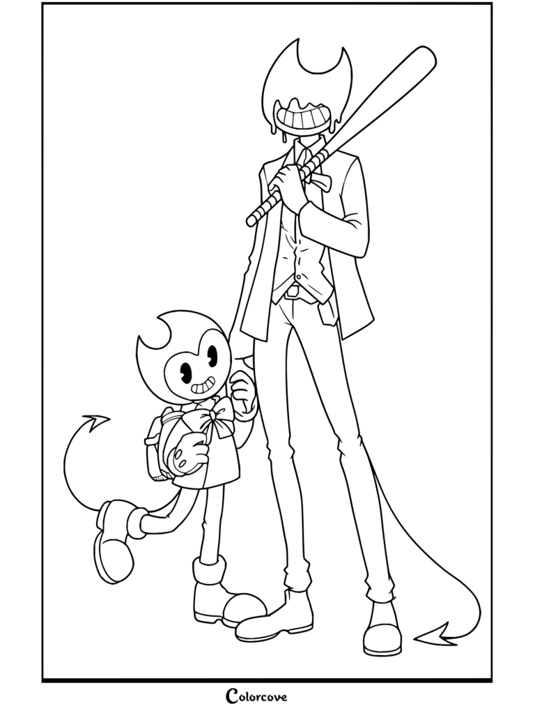 Dibujo para colorear de Bendy and the Ink Machine con el Demonio de Tinta sosteniendo un bate de béisbol junto a Bendy en versión animada con una mochila.
