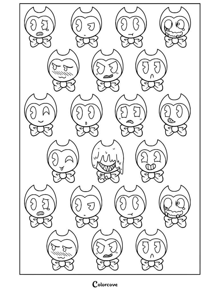 Dibujo para colorear con un patrón de varias expresiones caricaturescas y formas de tinta de Bendy and the Ink Machine.