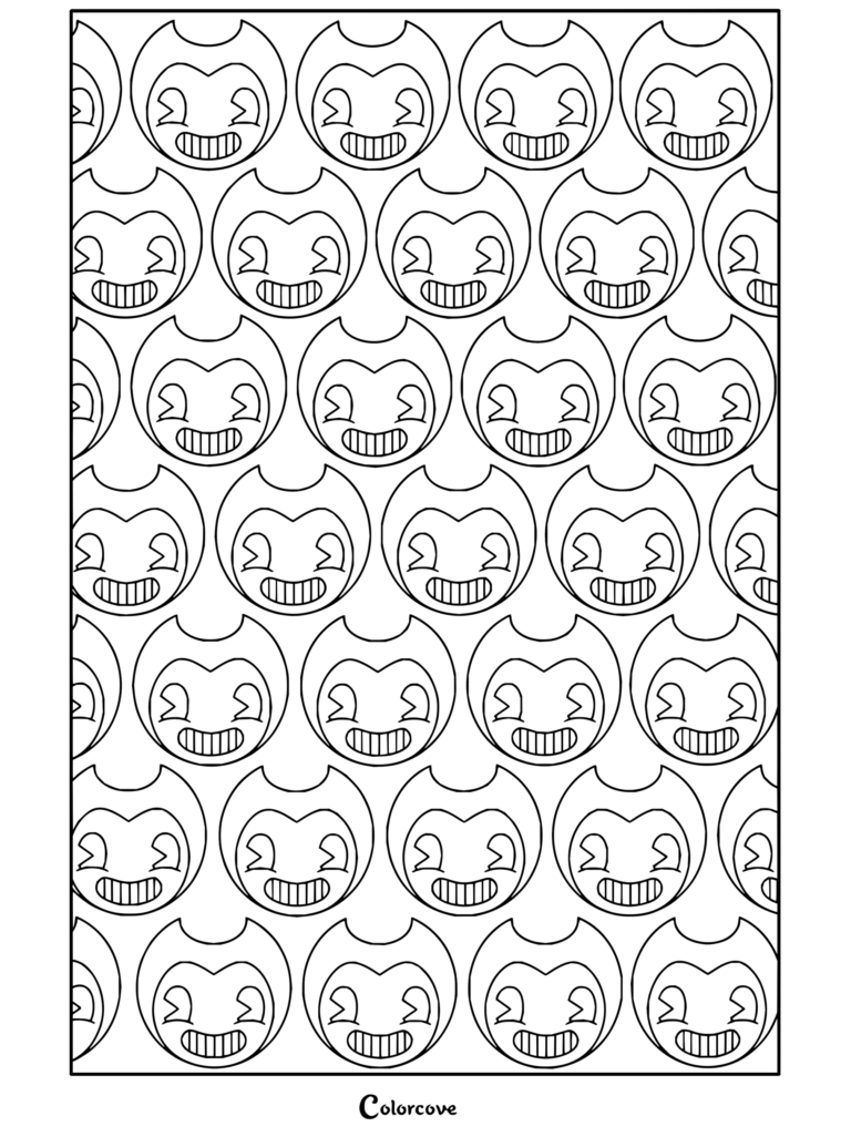 Patrón continuo para colorear de Bendy and the Ink Machine con un diseño repetitivo de caras sonrientes de Bendy.