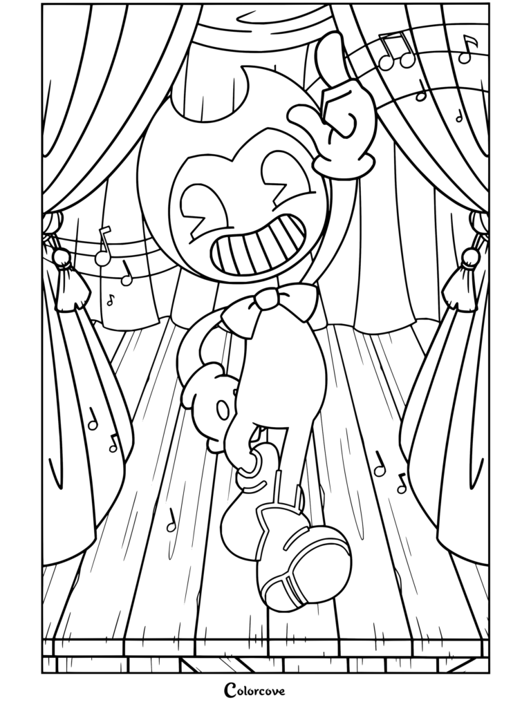 Bendy bailando alegremente en el escenario bajo un foco con cortinas y notas musicales en este dibujo para colorear de Bendy and the Ink Machine.