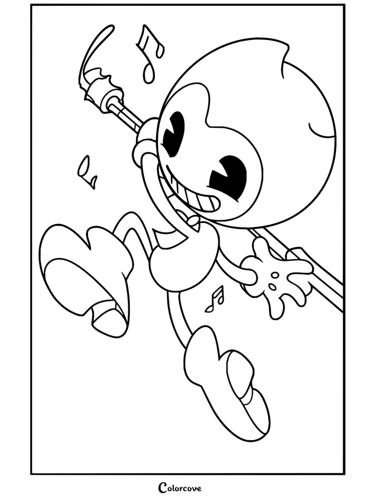 Dibujo para colorear de Bendy and the Ink Machine con Bendy bailando alegremente con una tubería de tinta y notas musicales flotando en el aire.