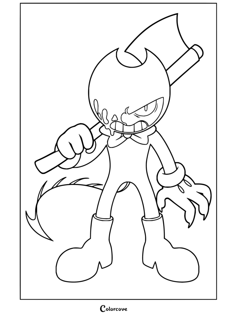 Dibujo para colorear de Bendy and the Ink Machine con Bendy sosteniendo un hacha con expresión enfadada y ojos rojos.