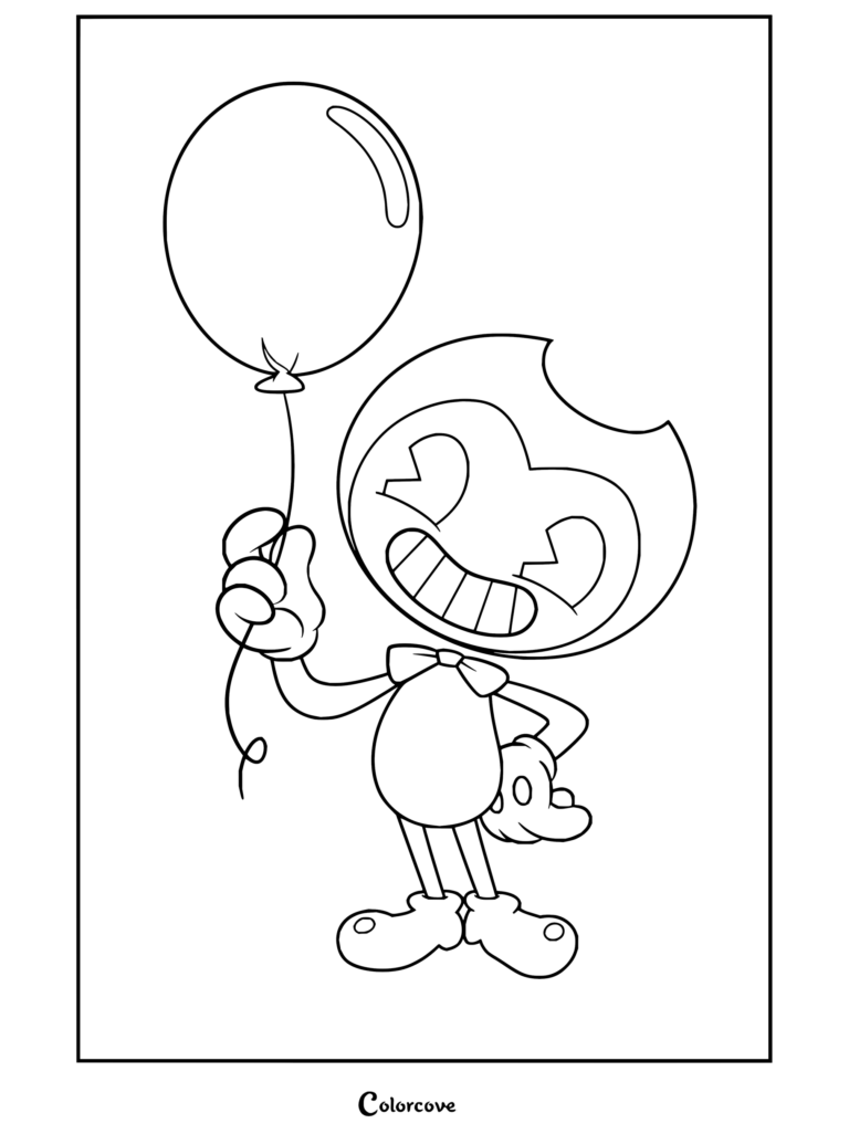Dibujo para colorear de Bendy and the Ink Machine con Bendy sosteniendo un globo negro y sonriendo felizmente con sus guantes amarillos y pajarita.