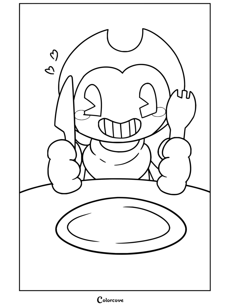Dibujo para colorear de Bendy and the Ink Machine que muestra a Bendy con tenedor y cuchillo en una mesa con un plato vacío, luciendo una expresión emocionada con corazones flotando alrededor.