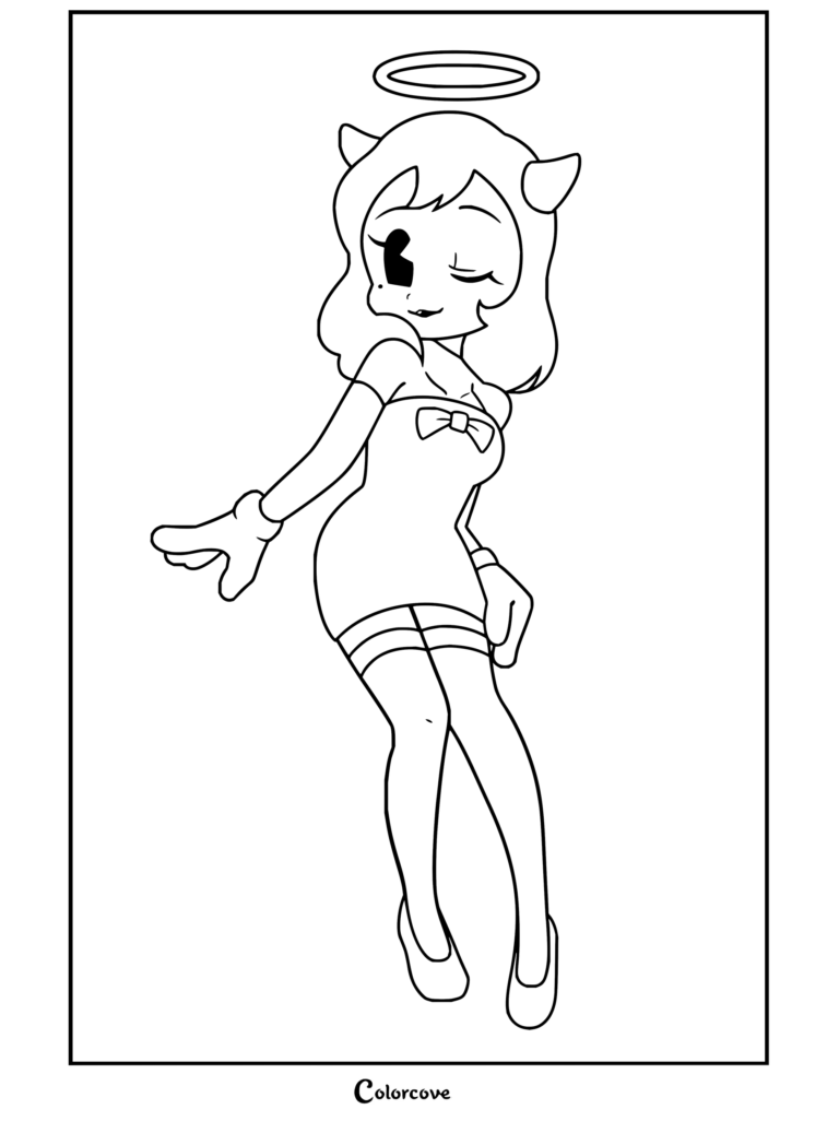 Dibujo para colorear de Bendy and the Ink Machine con Alice Angel de pie, guiñando un ojo y luciendo su aureola.